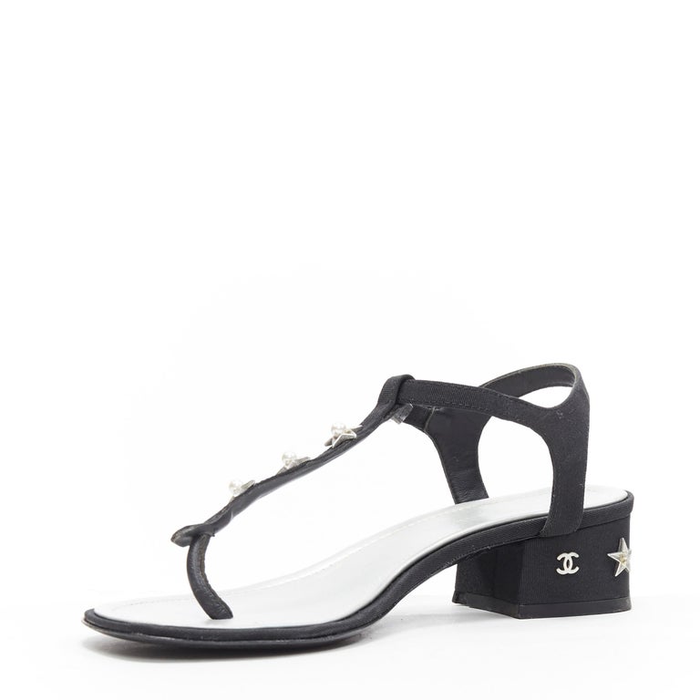 CHANEL black silver star pearl CC studded block heel T-strap thong