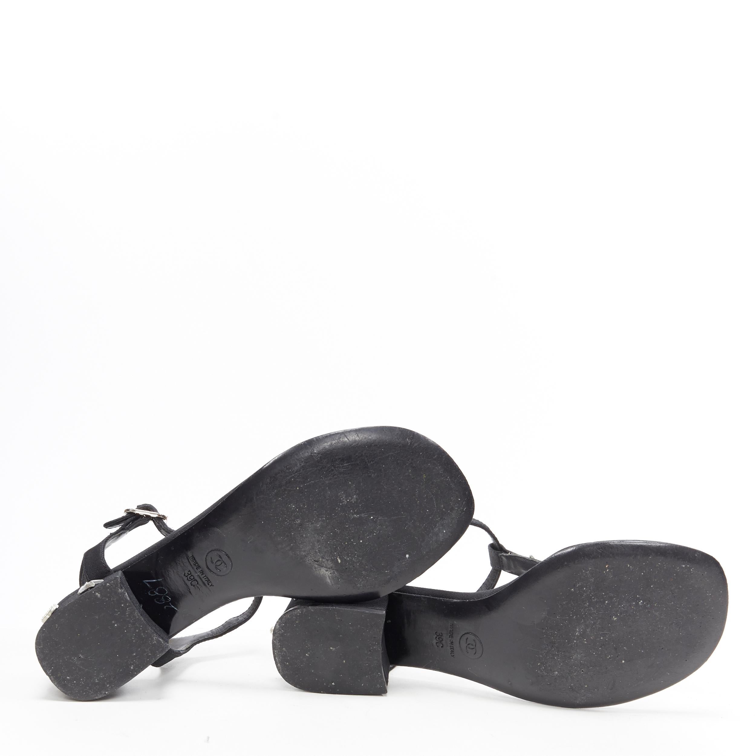 Black CHANEL black silver star pearl CC studded block heel T-strap thong sandals EU39