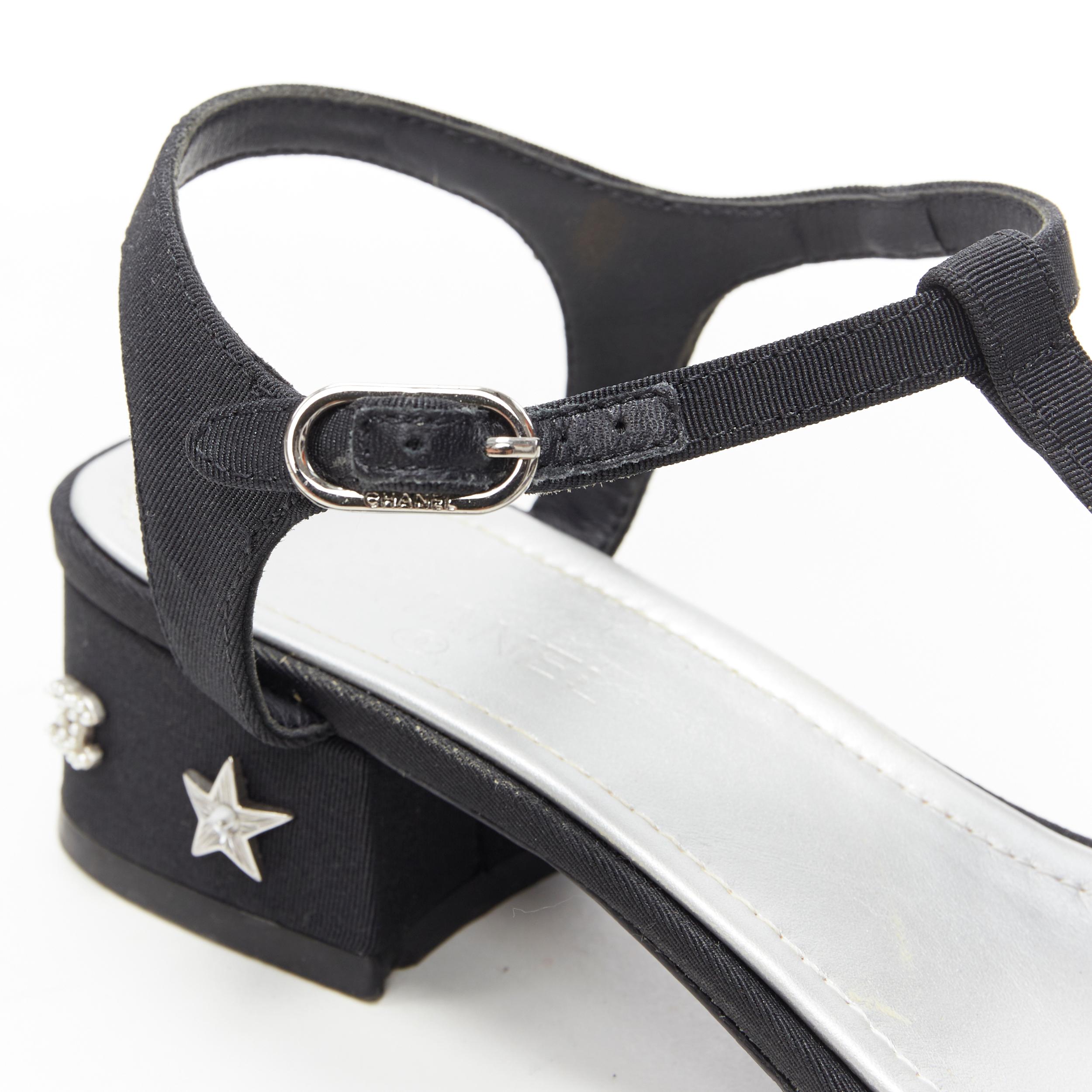 Women's CHANEL black silver star pearl CC studded block heel T-strap thong sandals EU39
