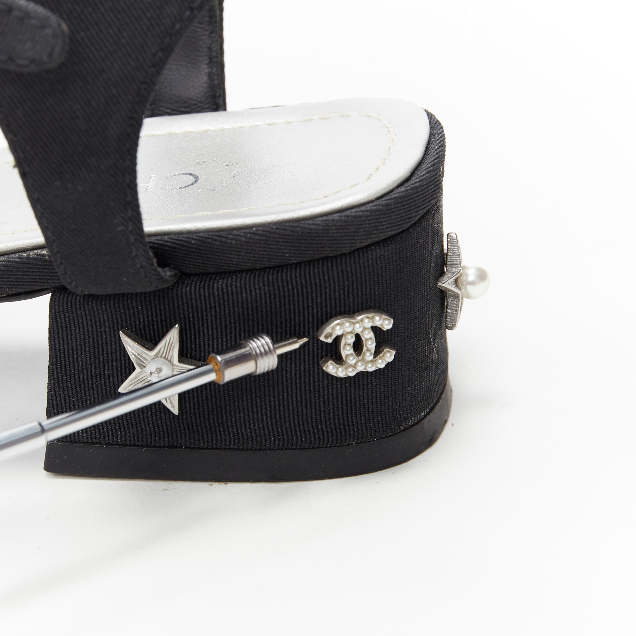 CHANEL black silver star pearl CC studded block heel T-strap thong sandals EU39 1