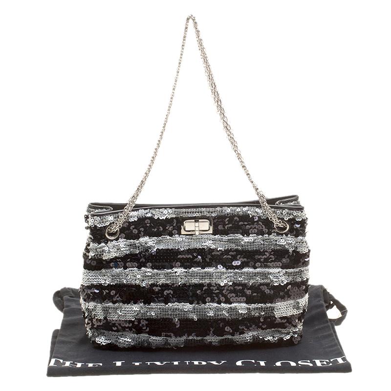 Chanel Black/Silver Stripe Sequins Reissue Shoulder Bag 6