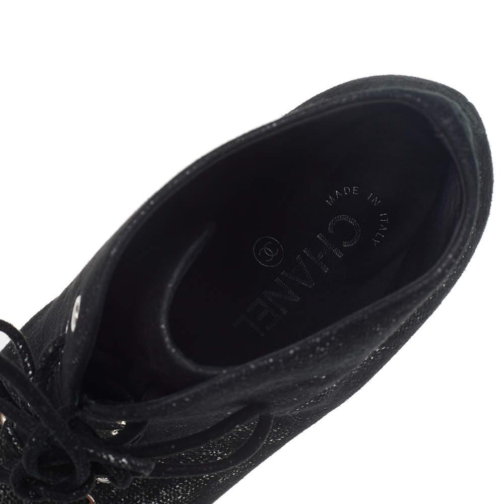 Chanel Black/Silver Suede Pearl Heel Lace Up Ankle Boots Size 38 1