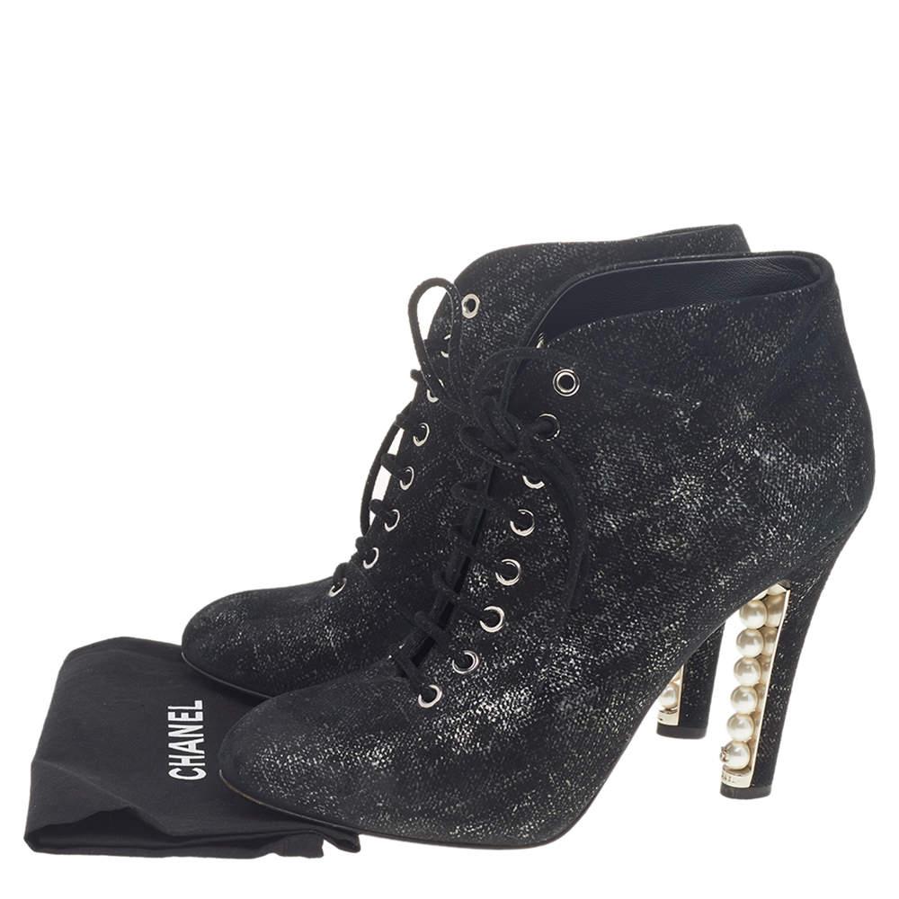 Chanel Black/Silver Suede Pearl Heel Lace Up Ankle Boots Size 38 2