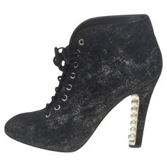 Chanel Black/Silver Suede Pearl Heel Lace Up Ankle Boots Size 38