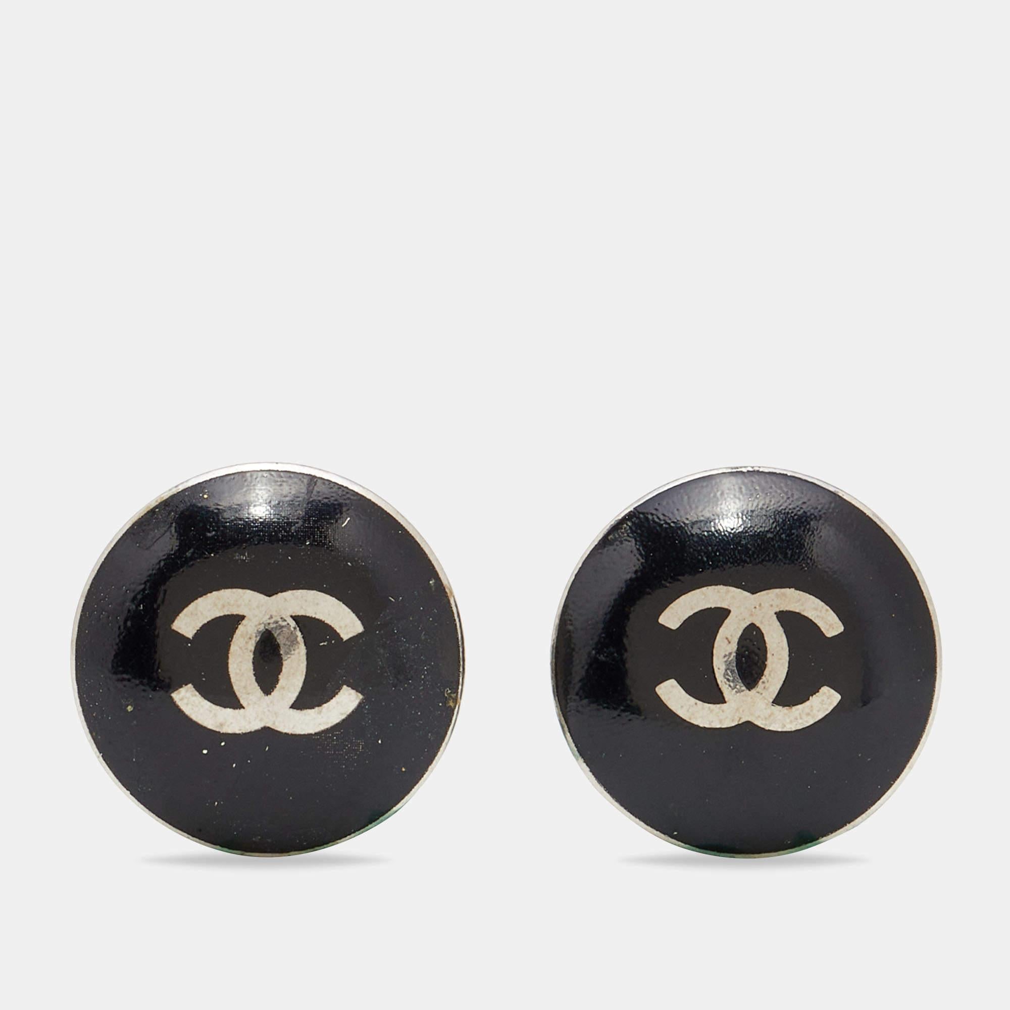 Women's Chanel Black & Silver Tone CC Button Earrings