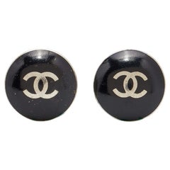 Chanel Black & Silver Tone CC Button Earrings