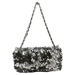 Vintage Chanel Black Silver-tone Sequin Leather Summer Night Single Flap Shoulder Bag