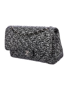 Chanel Black Silver Tweed Leather Silver Large Evening Shoulder Flap Bag