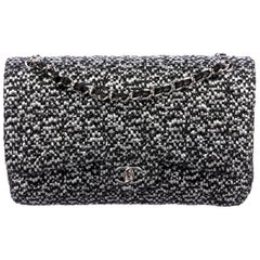 Chanel Black Silver Tweed Leather Silver Large Evening Shoulder Flap Bag