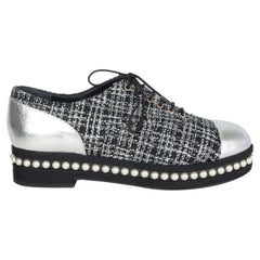 CHANEL black & silver TWEED PEARL EMBELLISHED DERBY Flats Shoes 38.5