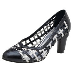 Chanel Black/Silver Woven Leather Block Heel Pumps Size 38.5