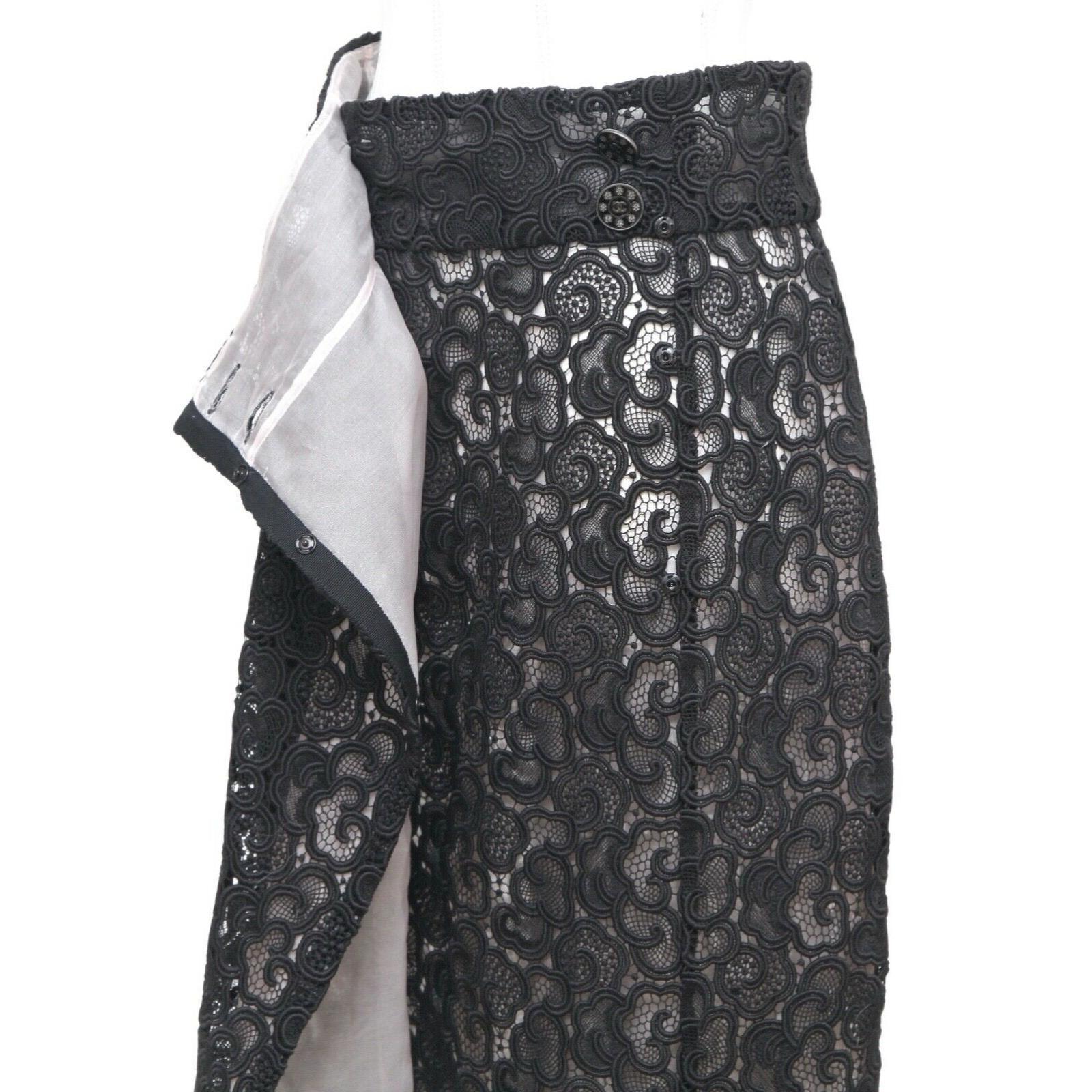 CHANEL Black Skirt Lace Cotton Faux Wrap Lined Paris Seoul 2016 Sz 38 For Sale 2