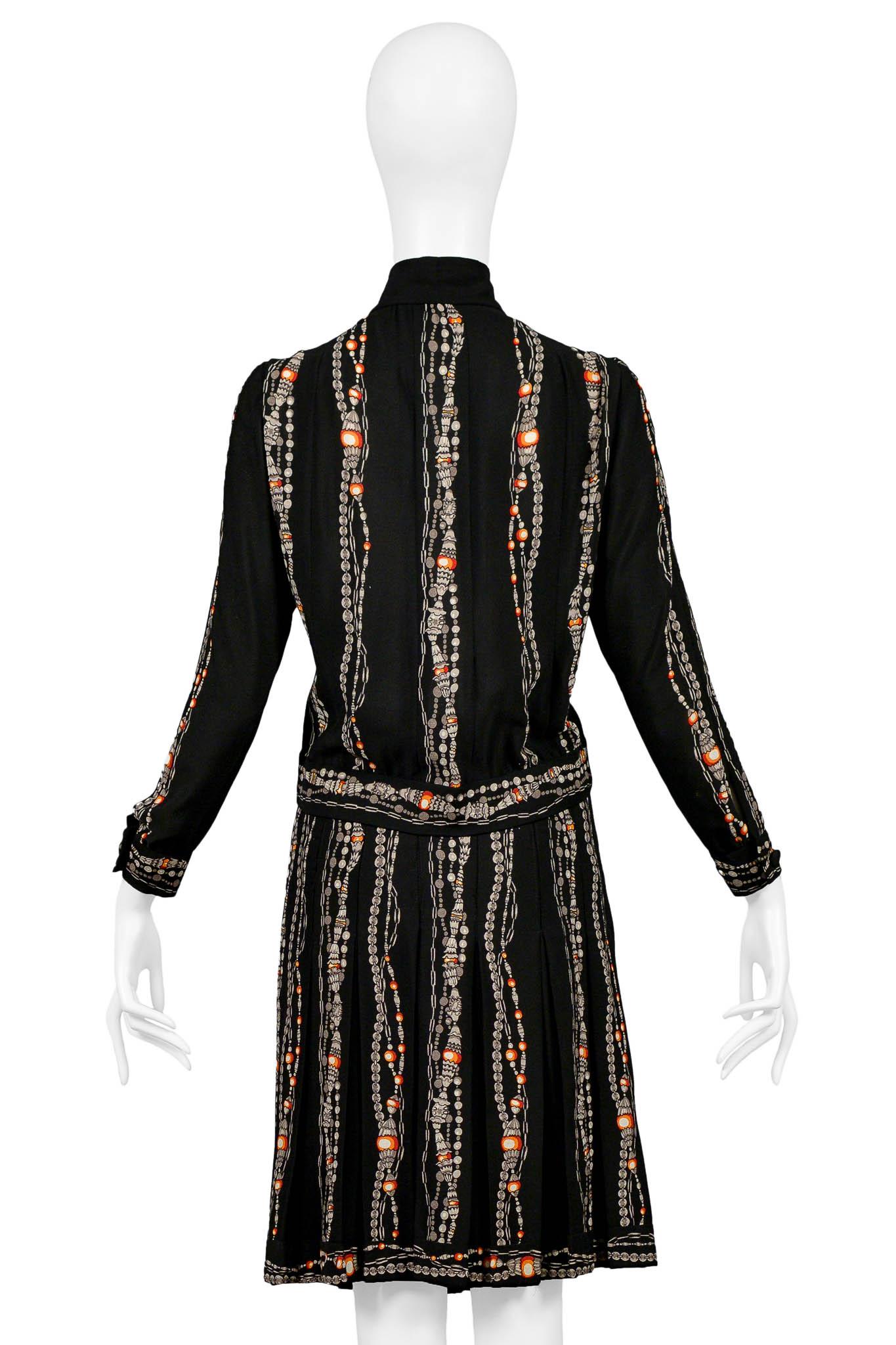 Chanel Black Skirt Suit With Iconic Bead & Pearl Necklace Print For Sale 4