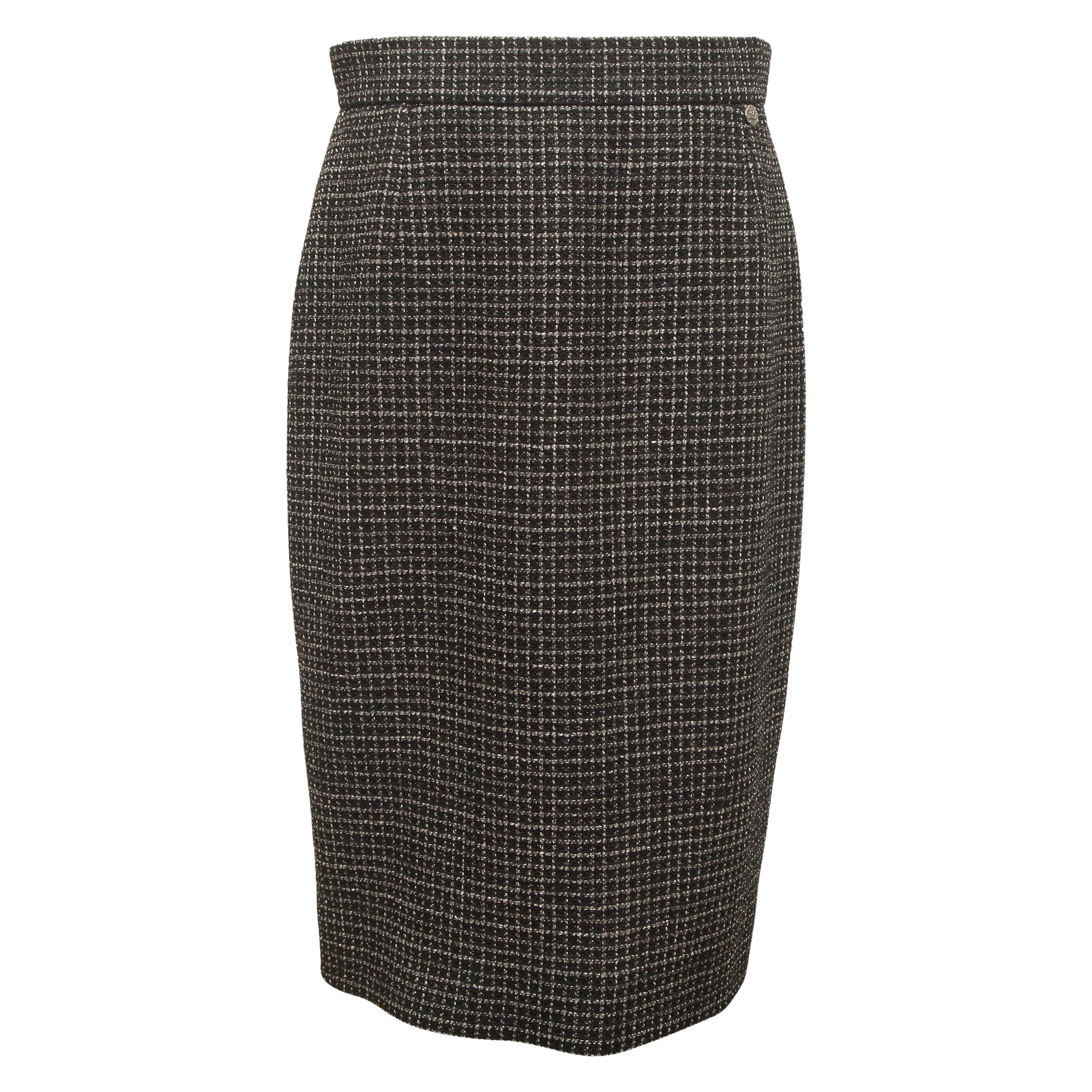 CHANEL Black Skirt Tweed Iridescent Pink Gunmetal CC Logo Sz 40 2012 12P For Sale
