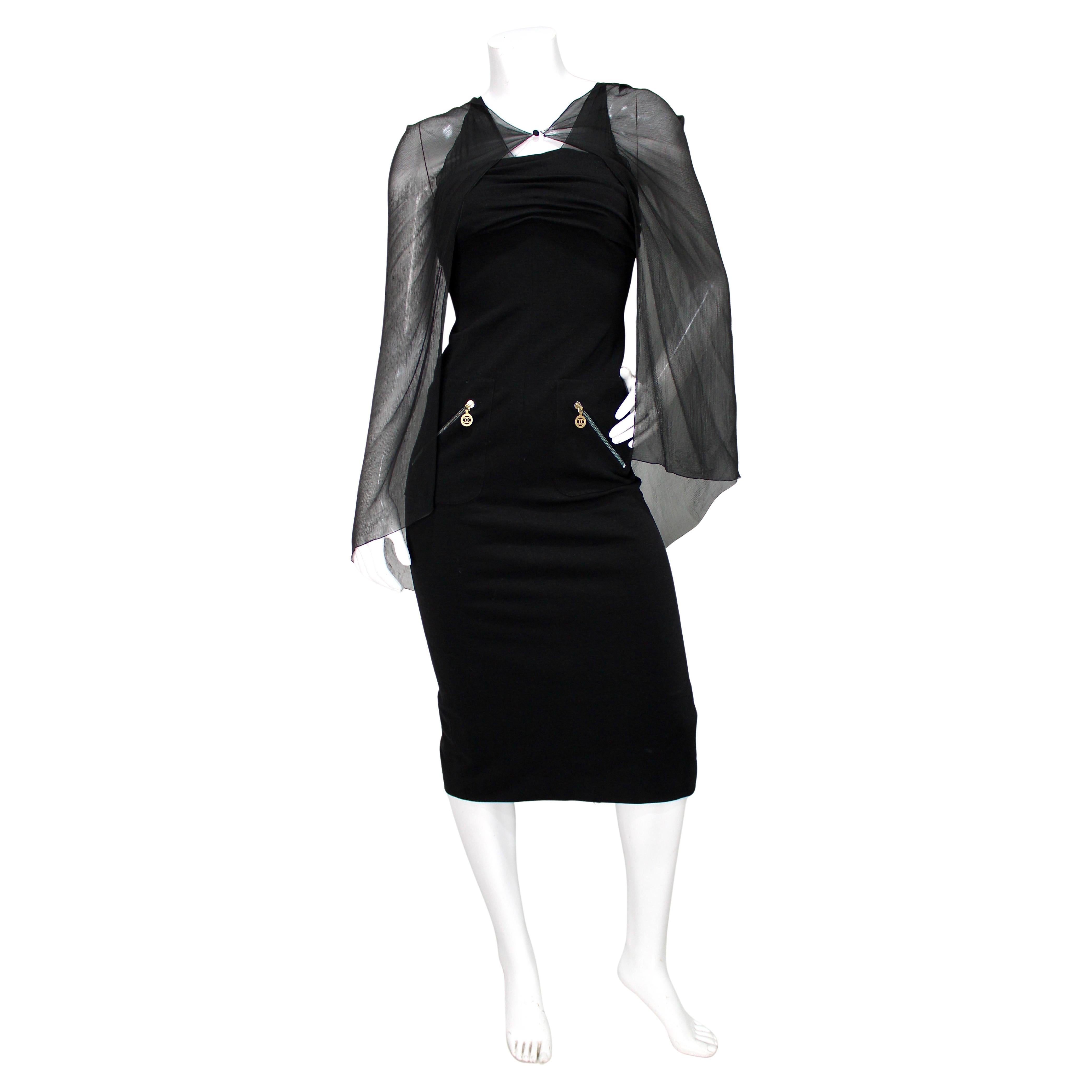 Chanel Black Sleeveless Coco Mark Zip Dress With Silk Cape circa 1994 For Sale