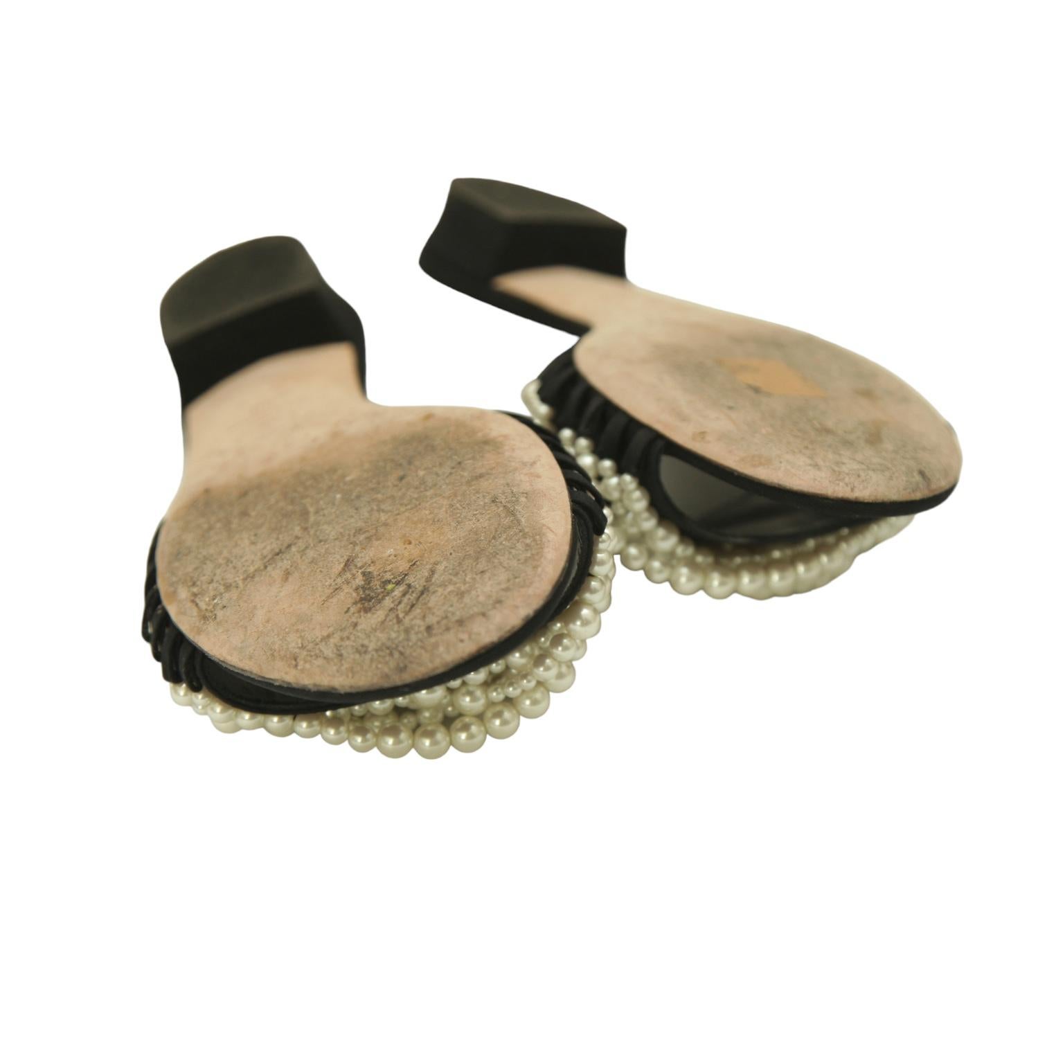 CHANEL Black Slides Satin Mules Sandals Pearls Flats Sz 38 2017 6