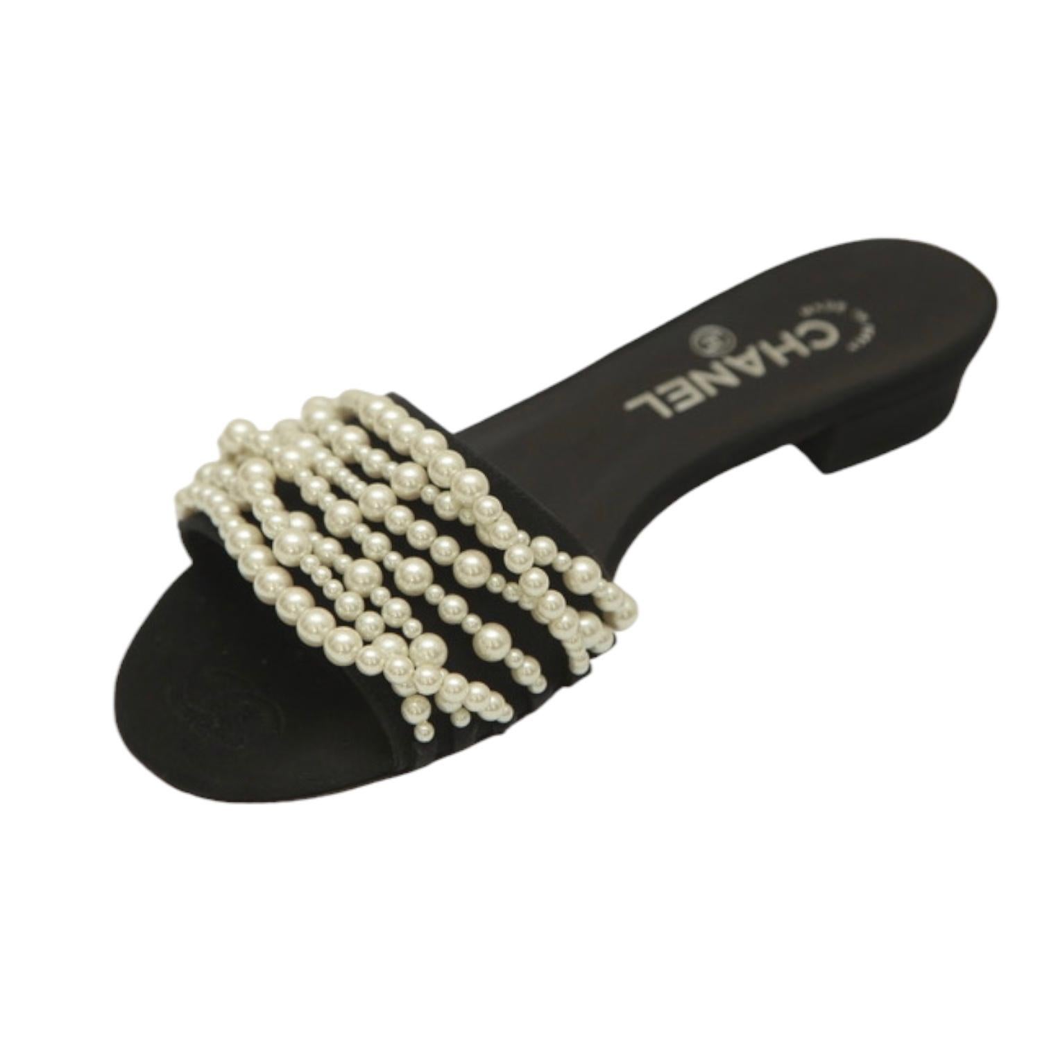 CHANEL Black Slides Satin Mules Sandals Pearls Flats Sz 38 2017 In Good Condition In Hollywood, FL