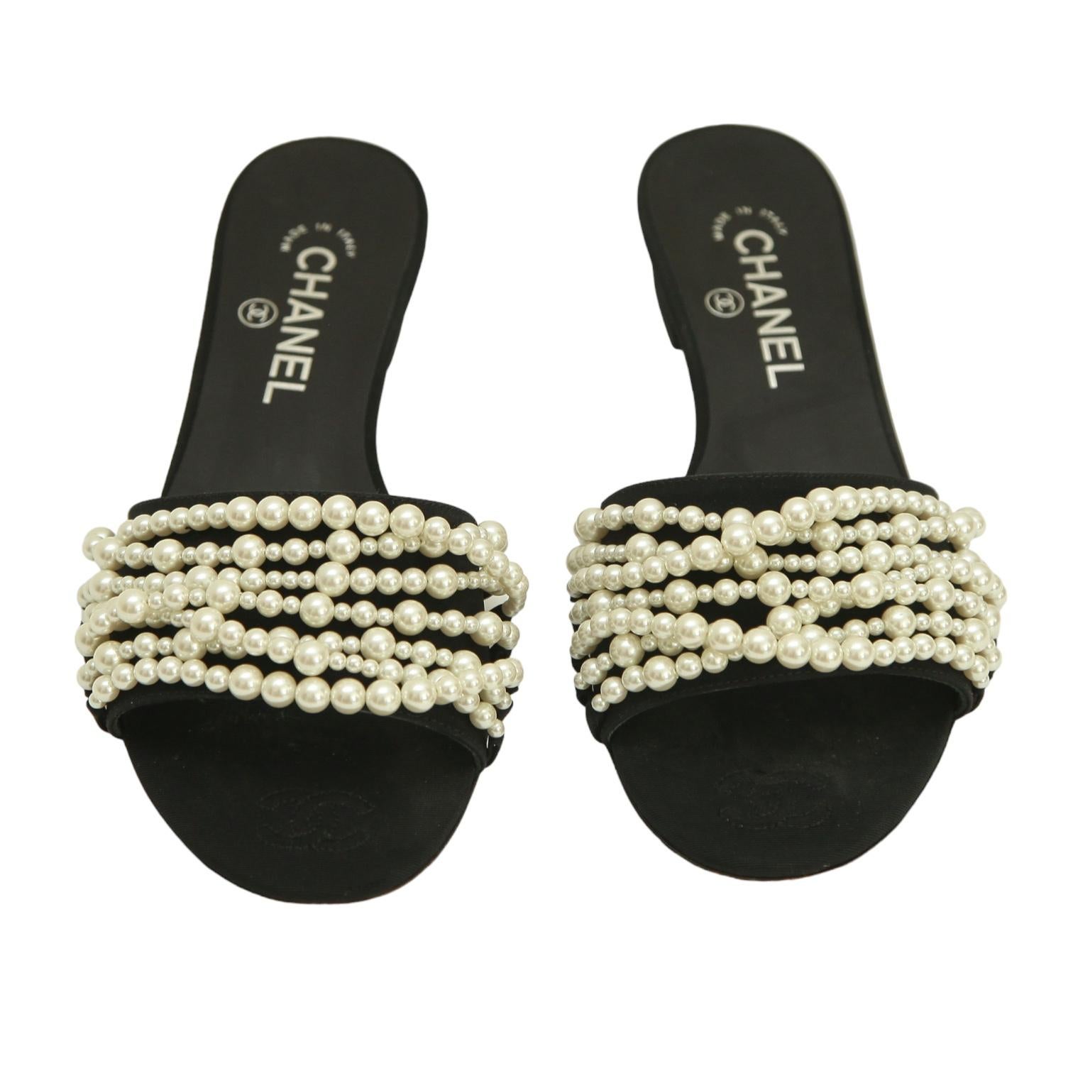 CHANEL Black Slides Satin Mules Sandals Pearls Flats Sz 38 2017 1