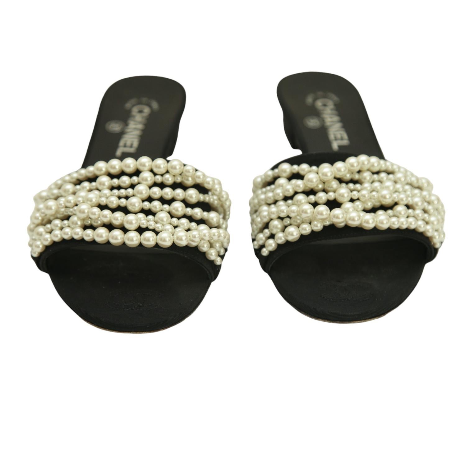 CHANEL Black Slides Satin Mules Sandals Pearls Flats Sz 38 2017 2