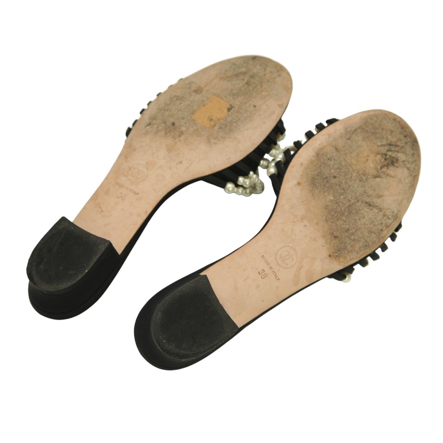 CHANEL Black Slides Satin Mules Sandals Pearls Flats Sz 38 2017 4
