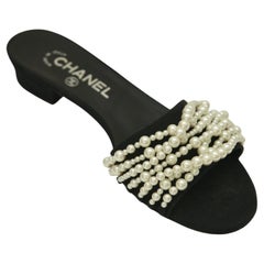 CHANEL Black Slides Satin Mules Sandals Pearls Flats Sz 38 2017