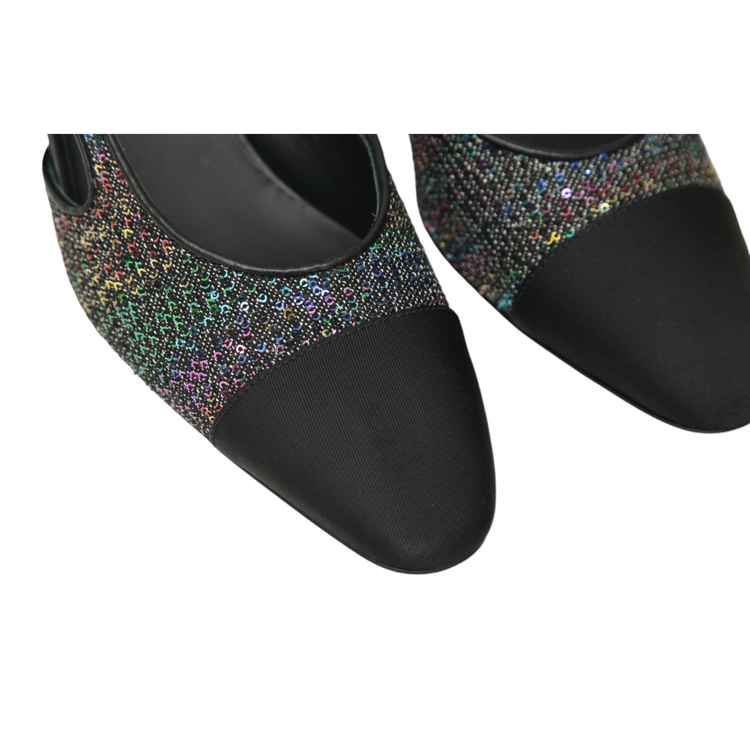 CHANEL Black Slingback Pumps Sequins Heels Leather Grosgrain Cap Toe 38 NEW 6
