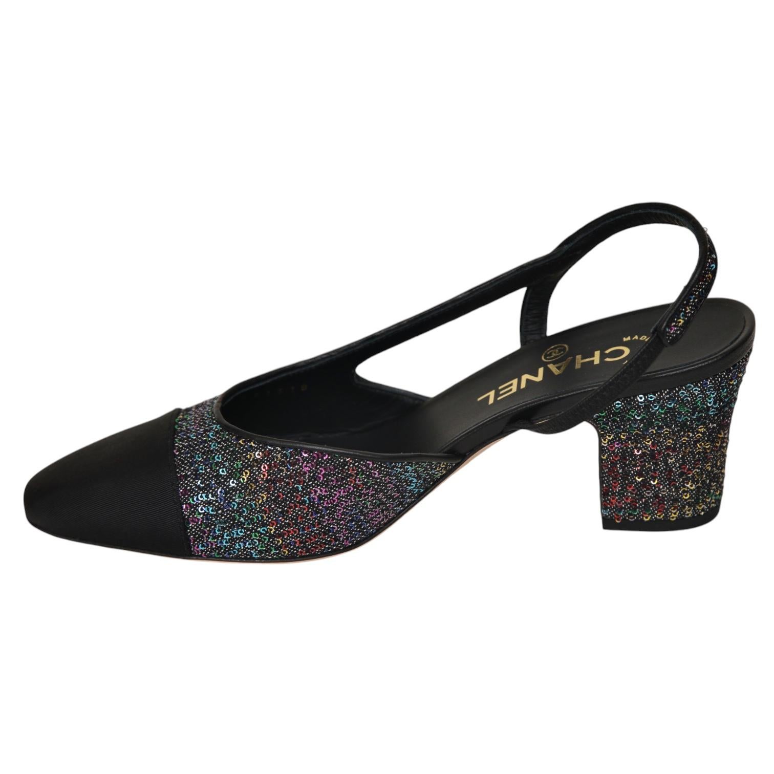 Women's CHANEL Black Slingback Pumps Sequins Heels Leather Grosgrain Cap Toe 38 NEW