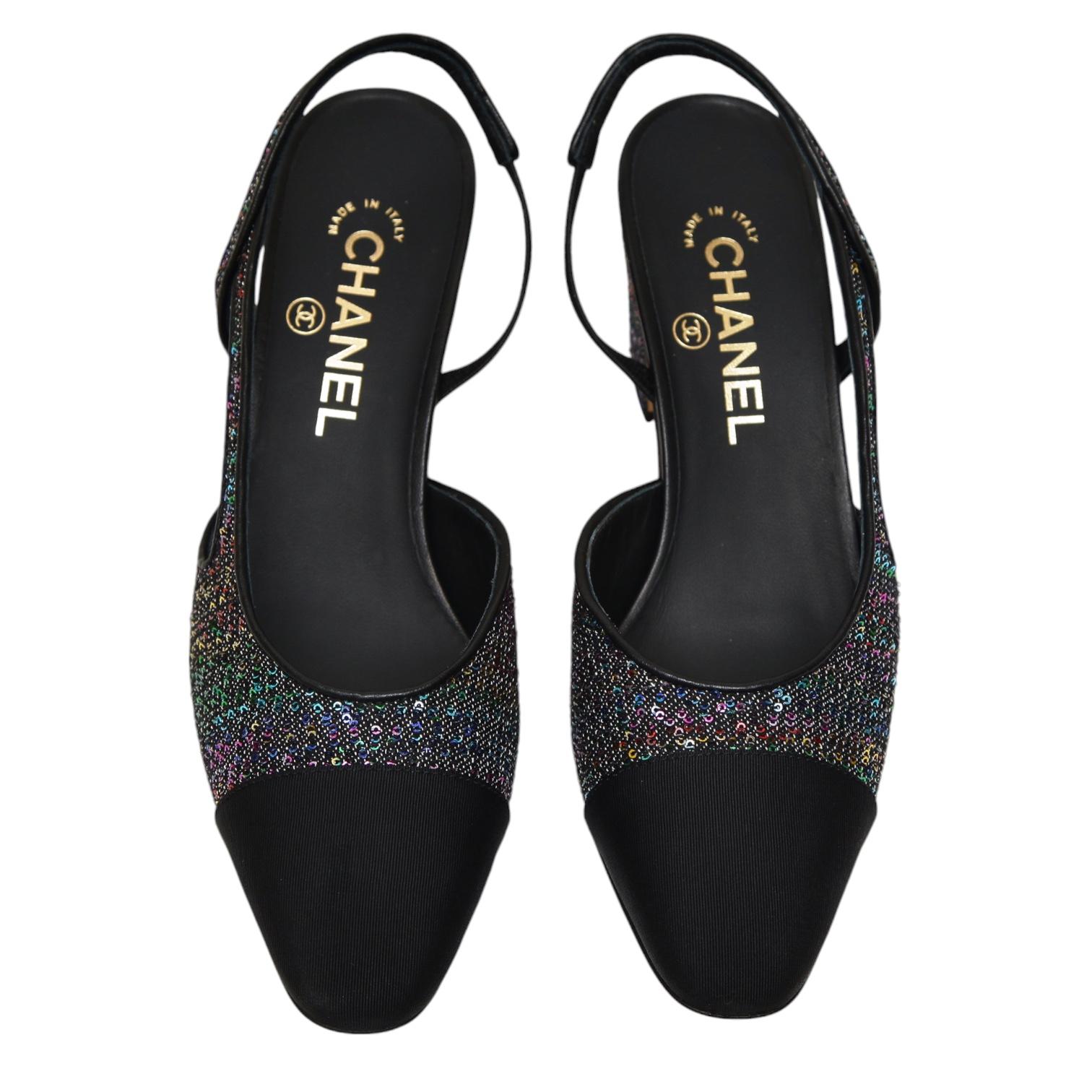 CHANEL Black Slingback Pumps Sequins Heels Leather Grosgrain Cap Toe 38 NEW 1