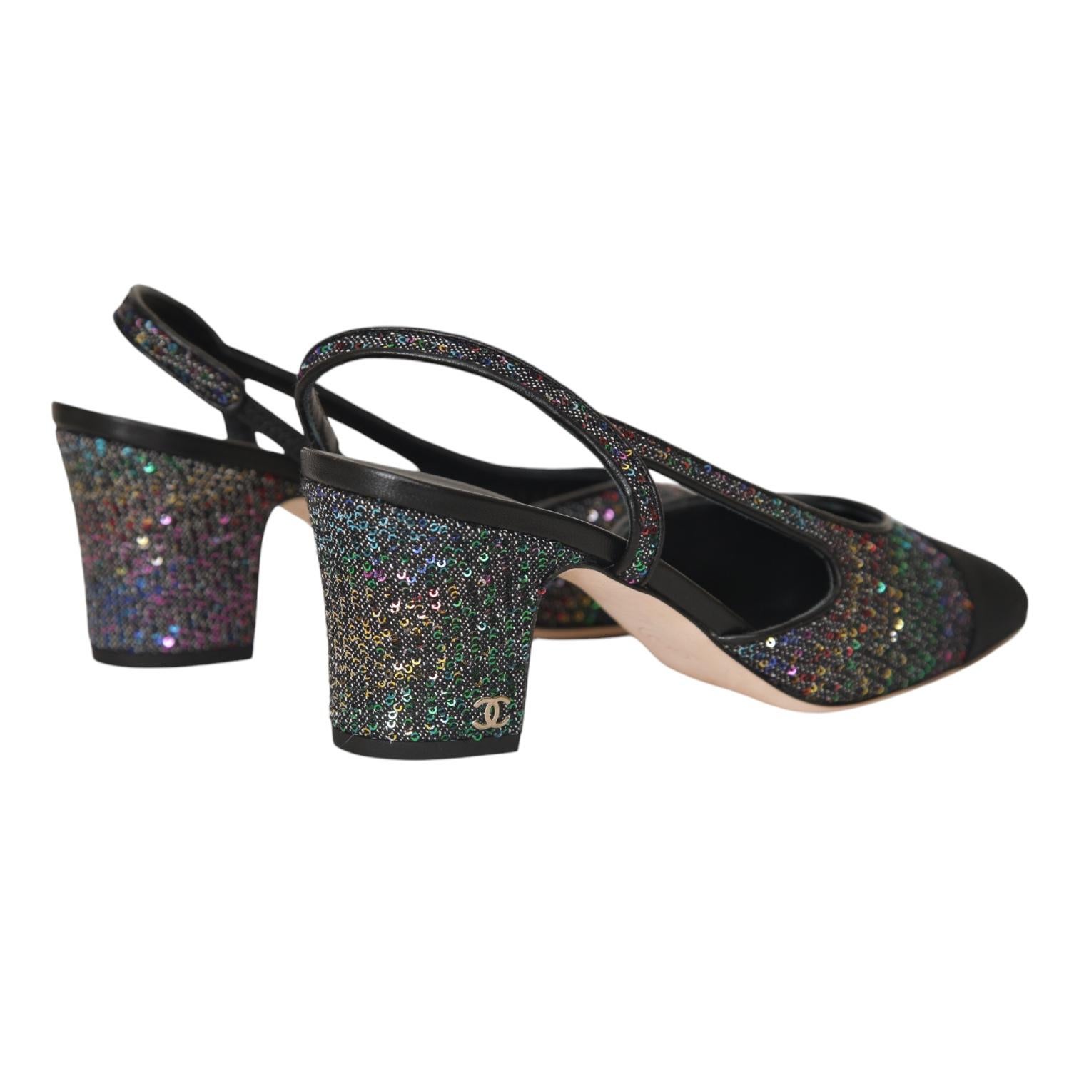 CHANEL Black Slingback Pumps Sequins Heels Leather Grosgrain Cap Toe 38 NEW 2