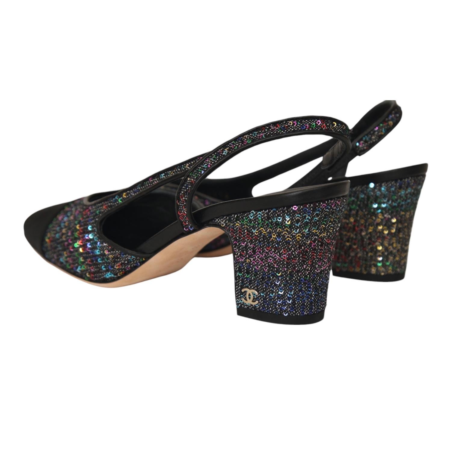 CHANEL Black Slingback Pumps Sequins Heels Leather Grosgrain Cap Toe 38 NEW 4