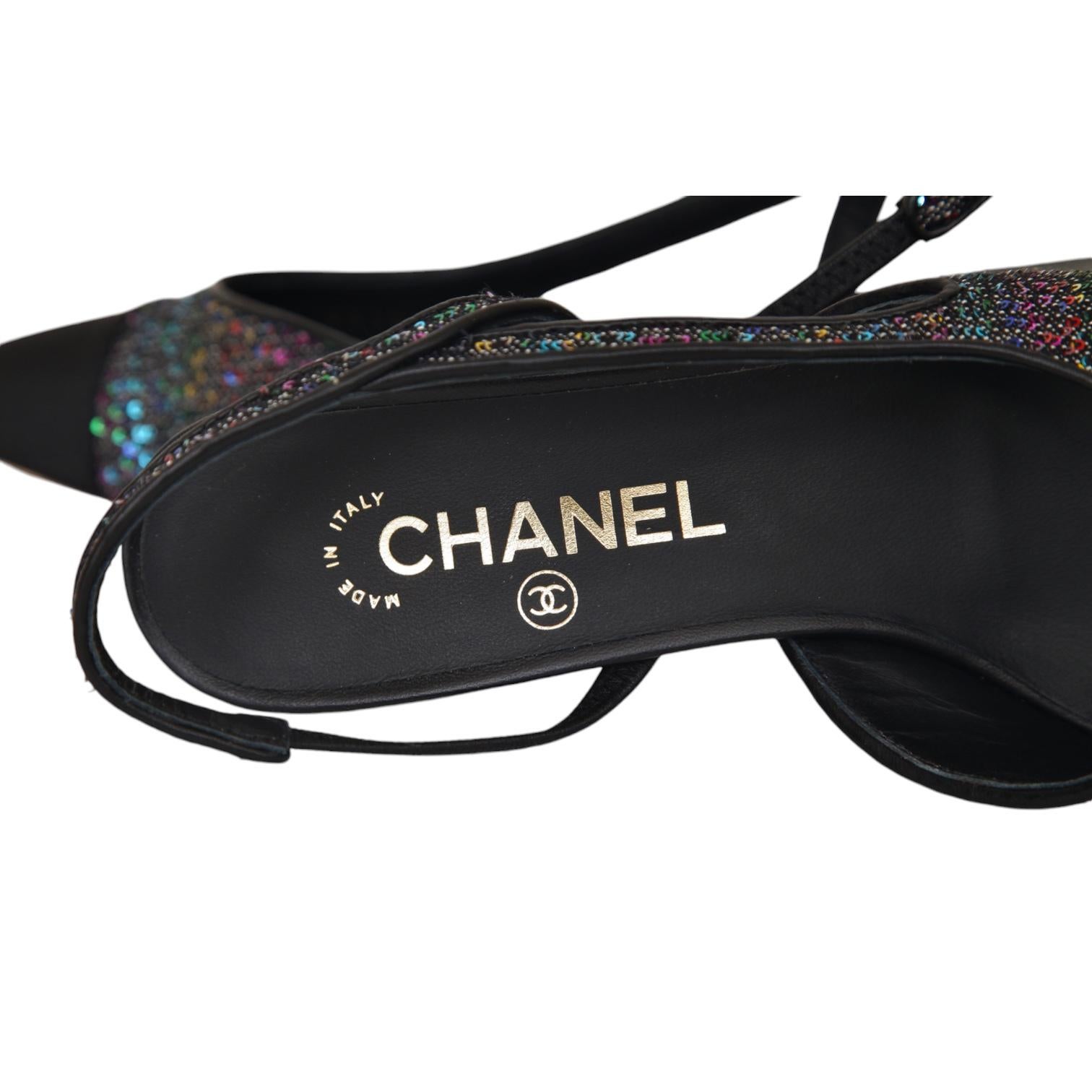 CHANEL Black Slingback Pumps Sequins Heels Leather Grosgrain Cap Toe 38 NEW 5
