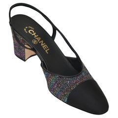 CHANEL Black Slingback Pumps Sequins Heels Leather Grosgrain Cap Toe 38 NEW