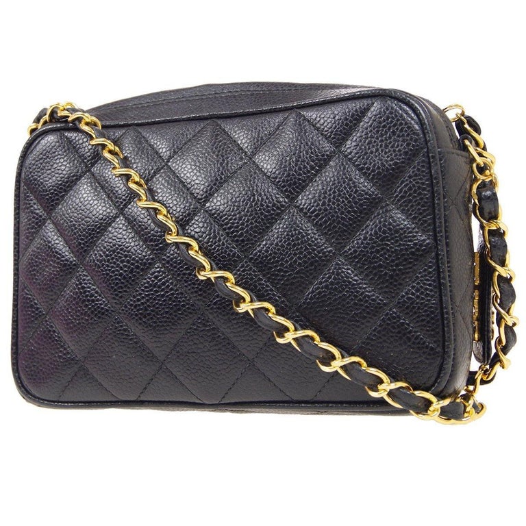 CHANEL Black Small Caviar Leather Gold Small Camera Evening Shoulder Bag