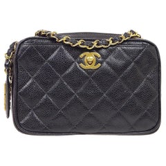 CHANEL Black Small Caviar Leather Gold Small Camera Evening Shoulder Bag