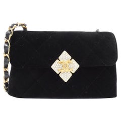 CHANEL Black Small Mini Velvet Crystal Gold Evening Shoulder Flap Bag