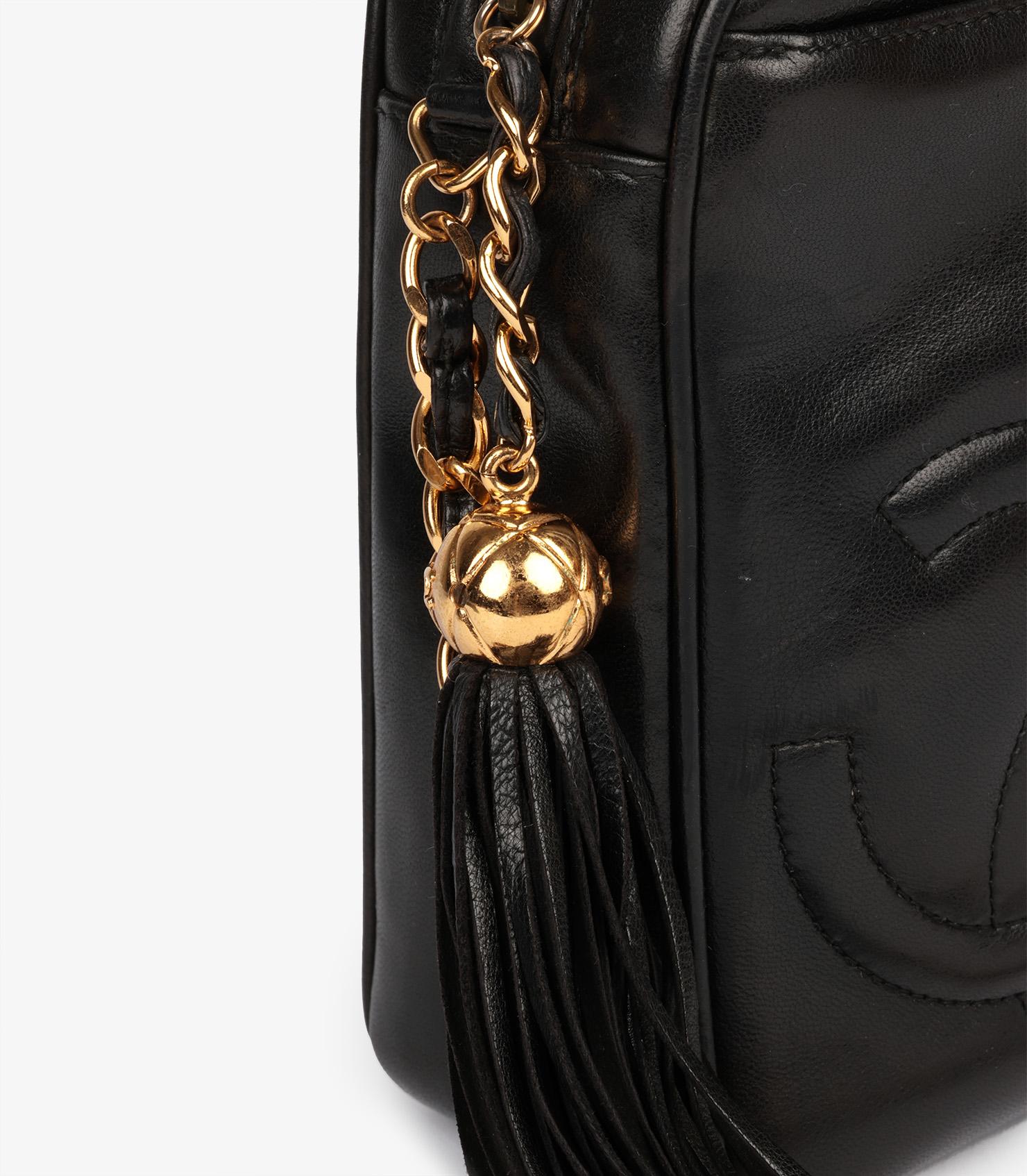 Chanel Black Smooth Lambskin Leather Vintage Small Fringe Timeless Camera Bag For Sale 1