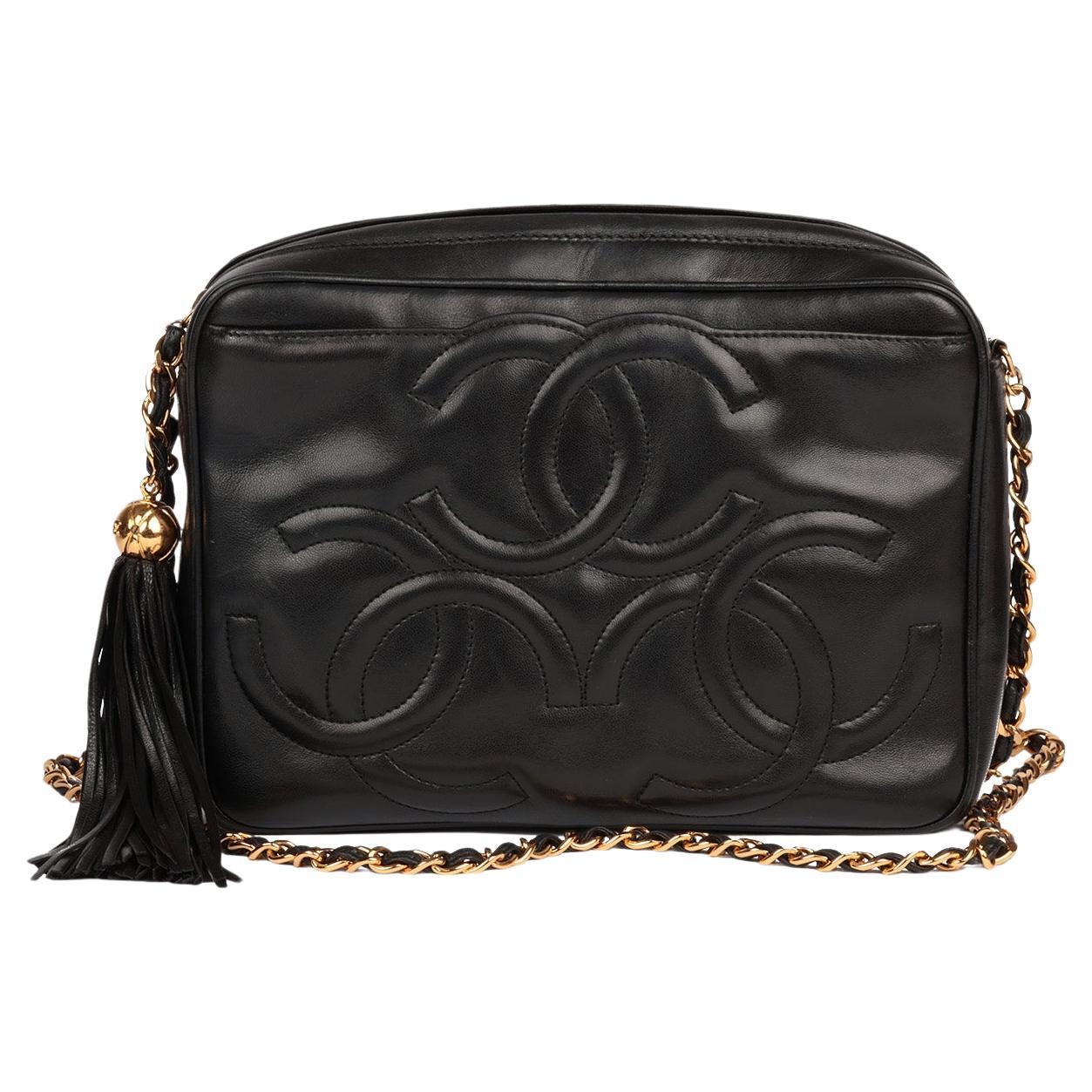 Chanel Black Smooth Lambskin Leather Vintage Small Fringe Timeless Camera Bag For Sale