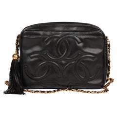 Chanel Black Smooth Lambskin Leather Used Small Fringe Timeless Camera Bag