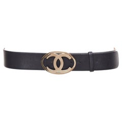 CHANEL black smooth leather silver CC oval buckle belt 95cm