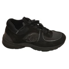 CHANEL Black Sneaker Trainer Fabric Suede Lace-Up CC Logo Low Top Sz 38 2022