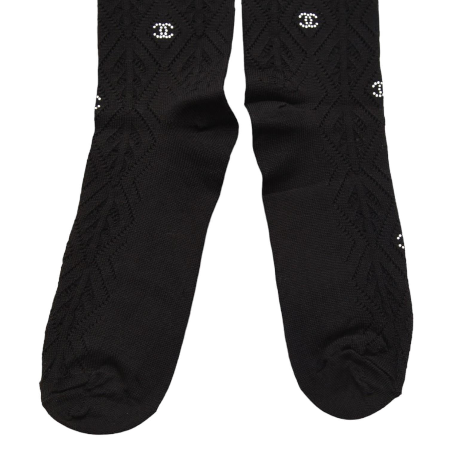CHANEL Black Socks CC Crystals Calf Height Hoisery Accessories 23A 2023 M NIBWT In New Condition In Hollywood, FL
