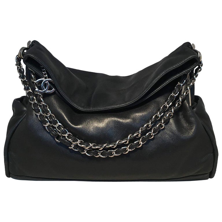 Chanel Soft Lambskin Leather Medium Silver Chain Shoulder Tote Bag