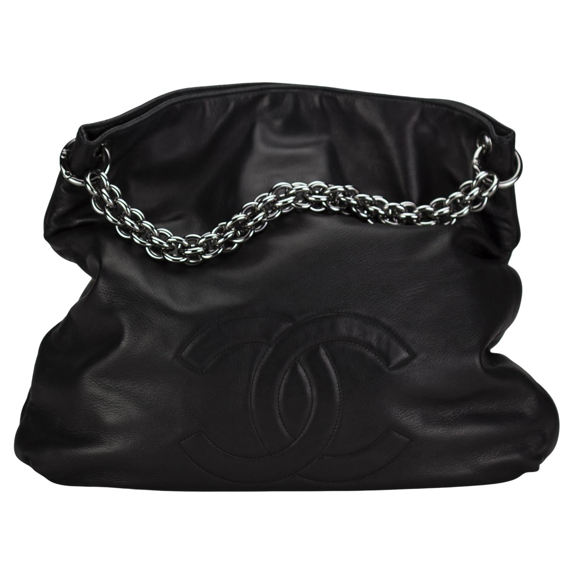 Chanel Black Soft Lambskin Leather Hobo Tote For Sale