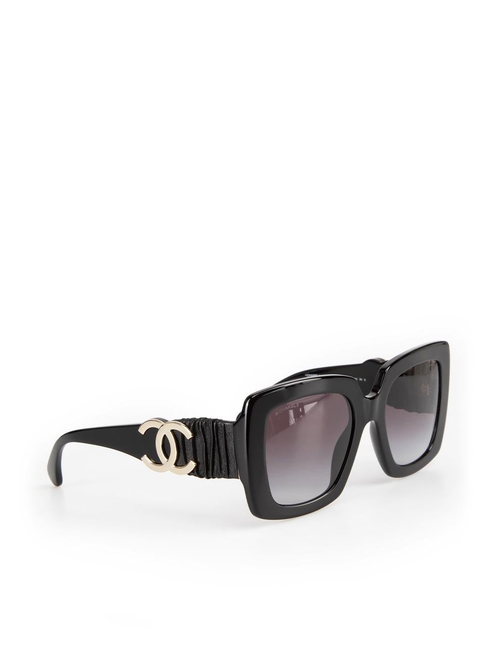 Chanel Black Square Leather Detail Arms Sunglasses In New Condition For Sale In London, GB