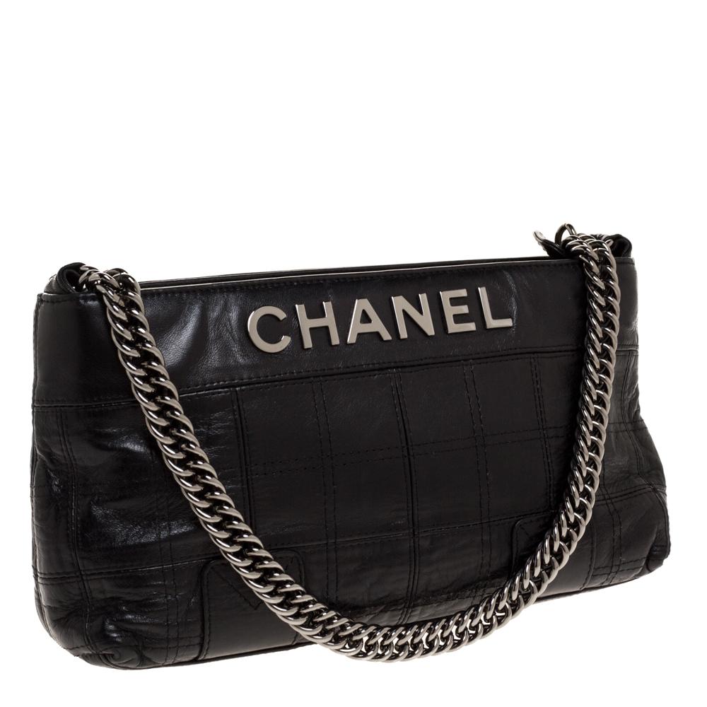 Chanel Black Square Quilted Leather Lax Pochette Bag In Fair Condition In Dubai, Al Qouz 2