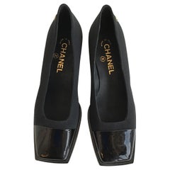 Chanel Black Square Toe Grossgrain Patent Pumps