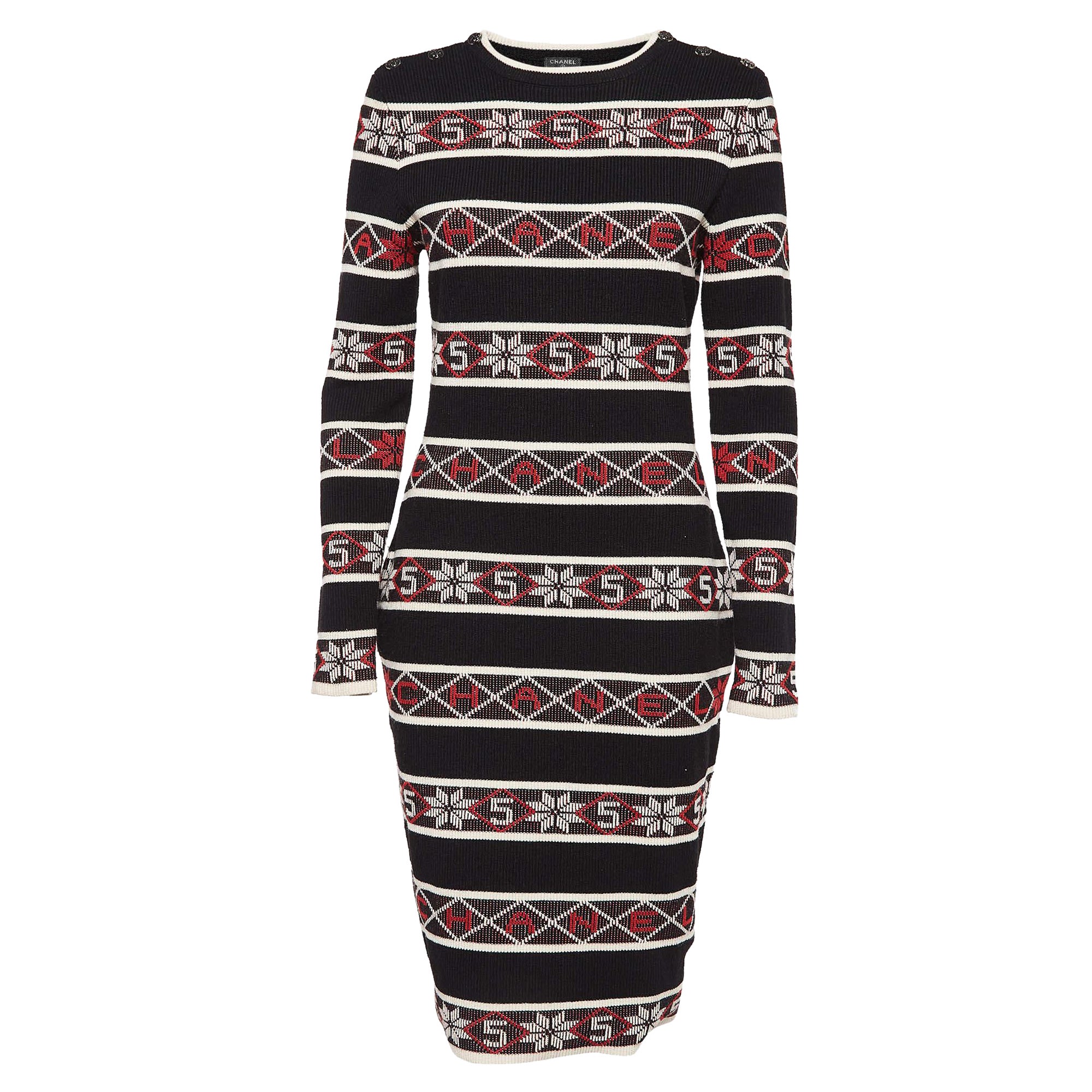 Chanel Vestito Bodycon in maglia a coste con motivo a righe nero M. I. in vendita