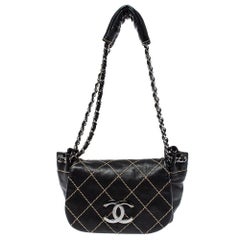 Chanel Black Stitch Quilted Leather Surpique Accordion Flap Bag