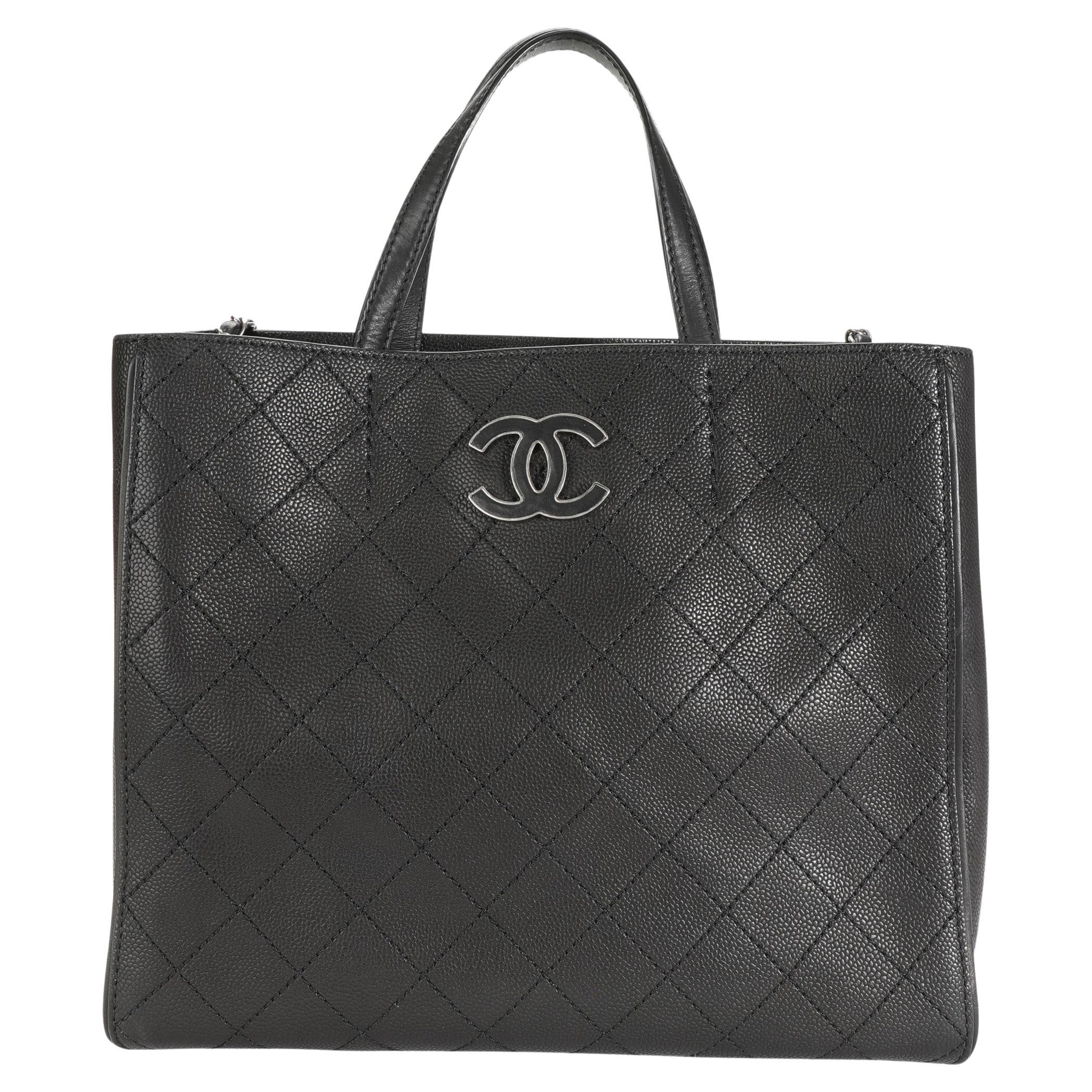 Chanel Black Stitched Grained Calfskin Hamptons Tote