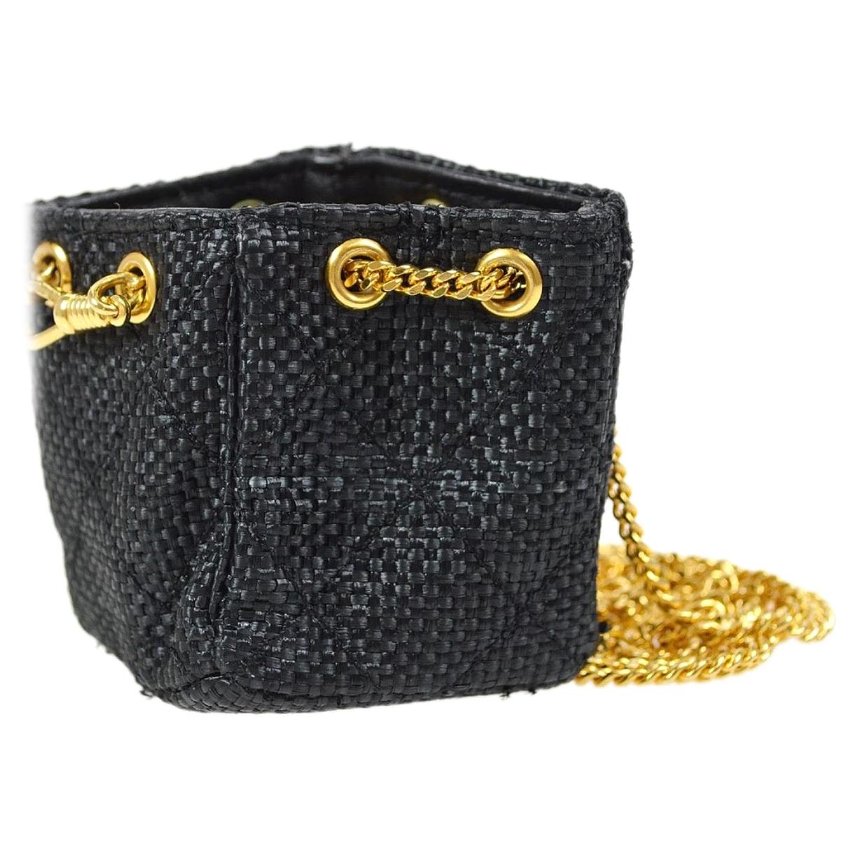 Chanel Black Straw Gold Small Micro Mini Top Handle Evening Satchel Shoulder Bag